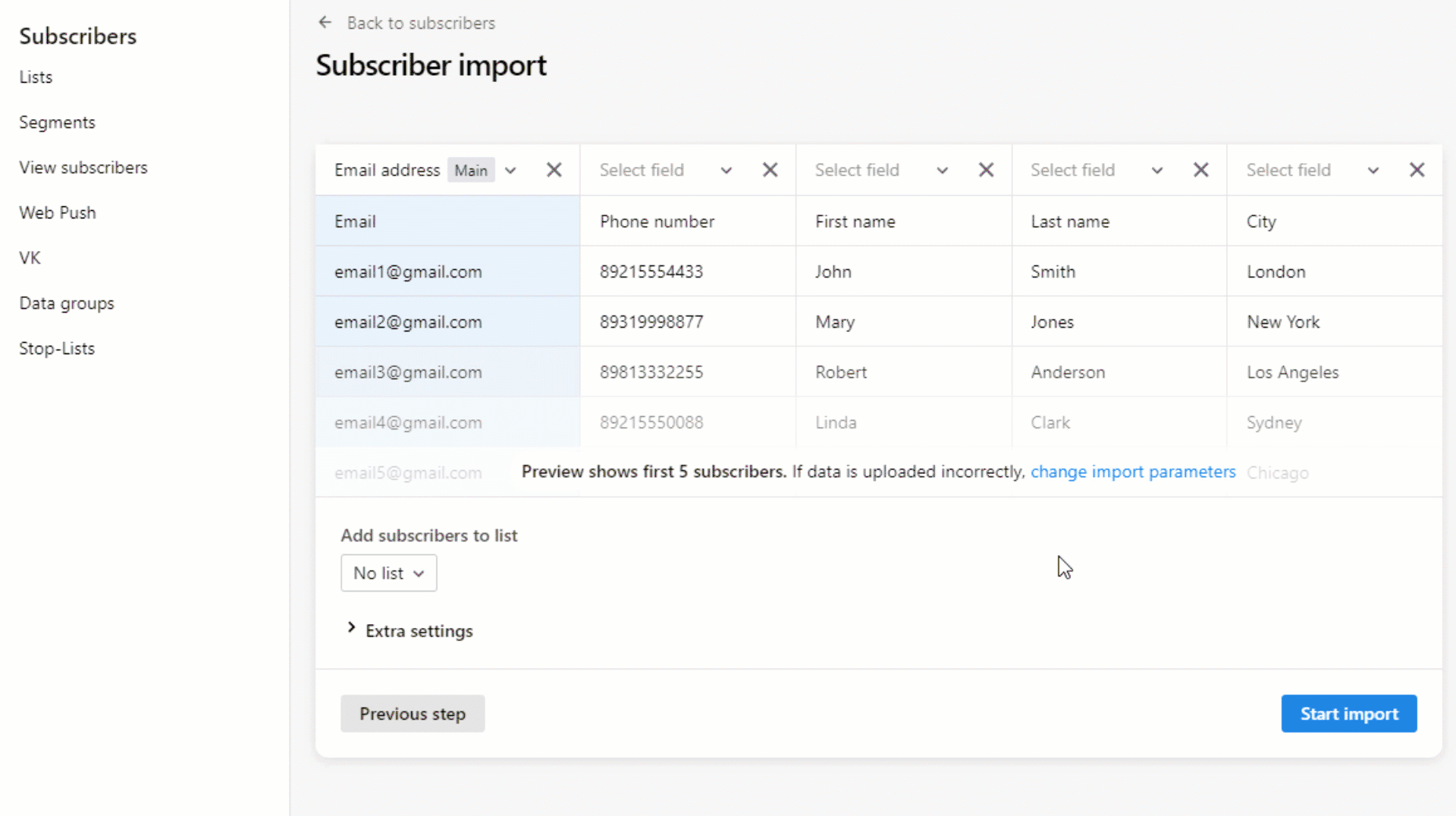 How to change import parameters