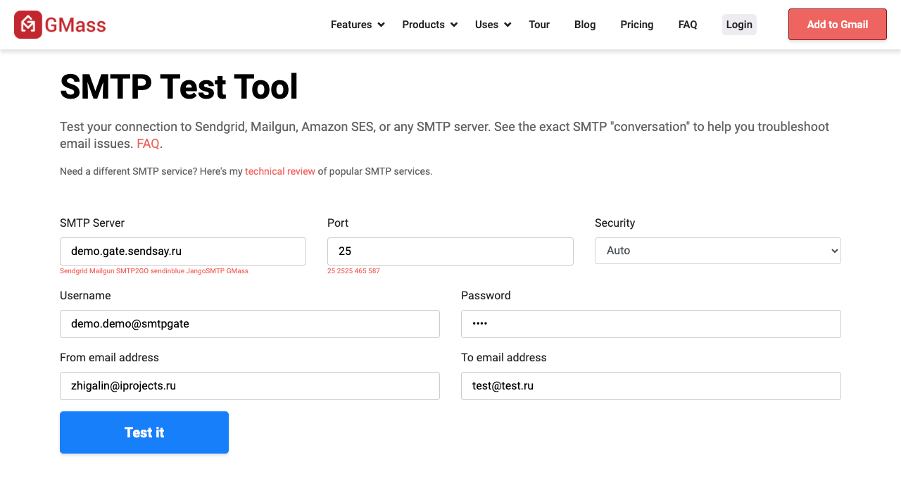 SMTP test tool settings